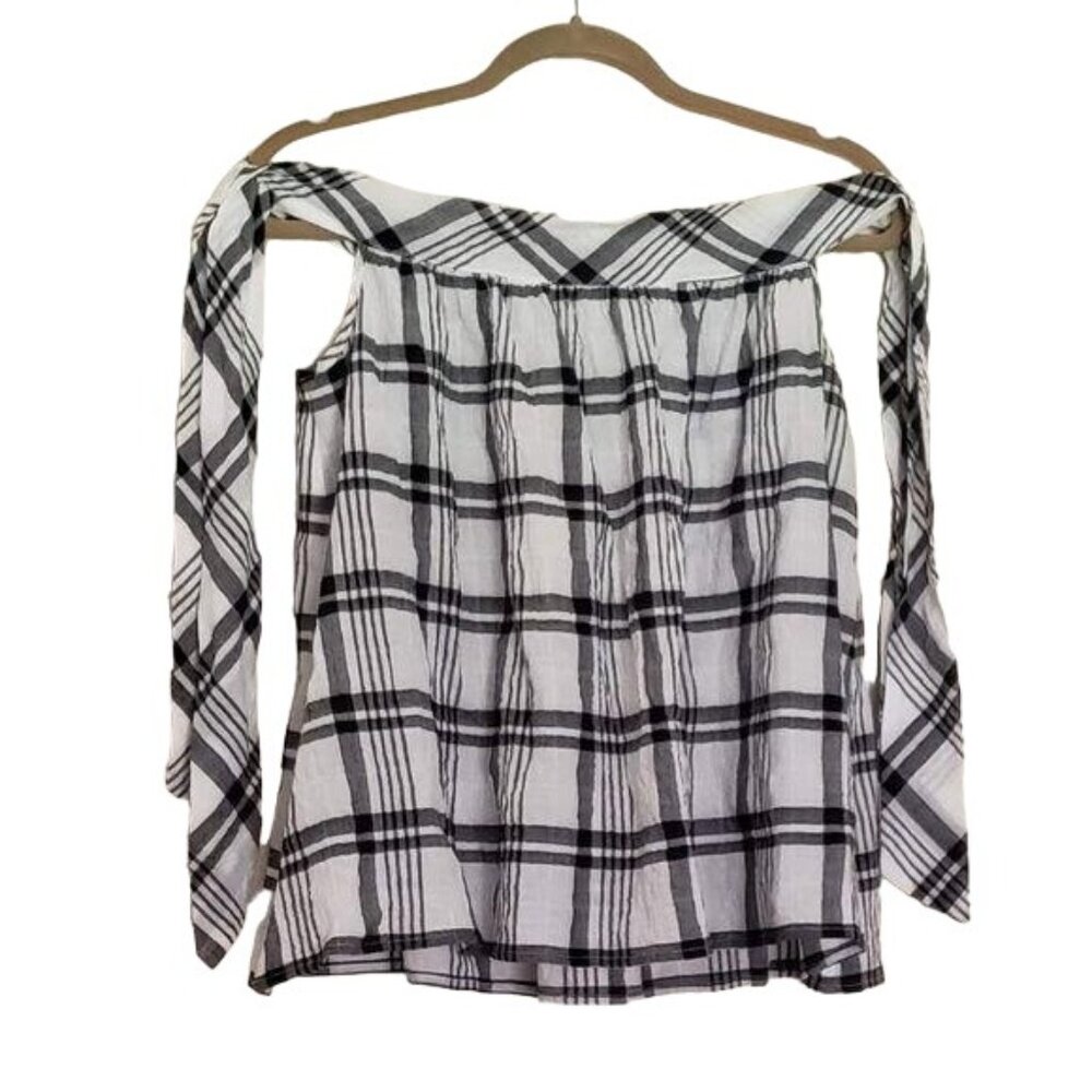 MSSP Off Shoulder Tank Top Womens XS Black White Gingham Contemporary Boho